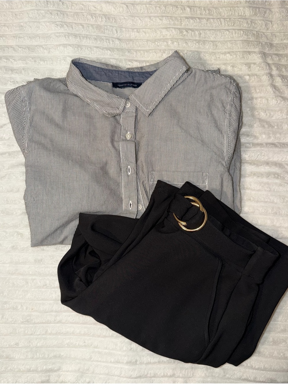 Tommy Hilfiger Black Wide-Leg Trousers with Gold Buckle